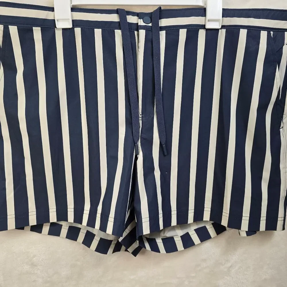 Vrst Striped resort swim shorts with navy and white vertical stripes NWT *FLAW*